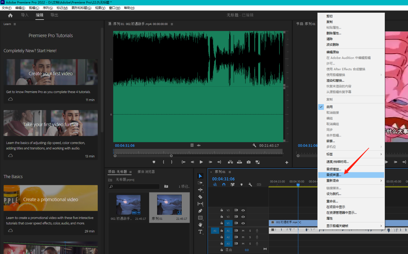 Adobe Premiere Pro 2022 22.6.2.2（Pr2022）中文版 将立体声道拆分为单声道并提取单声道为立体声